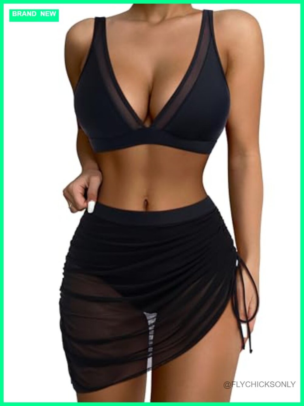 Women's High Waisted Mesh Swim Skirt Bikini Set Tummy Control